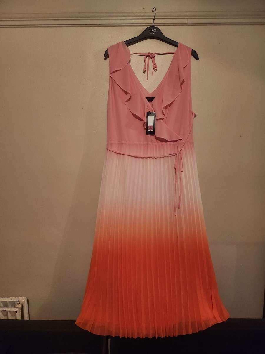 M &S Ladies Ombre Vneck Pink Mix Pleated Midi Belted Dress Size 22