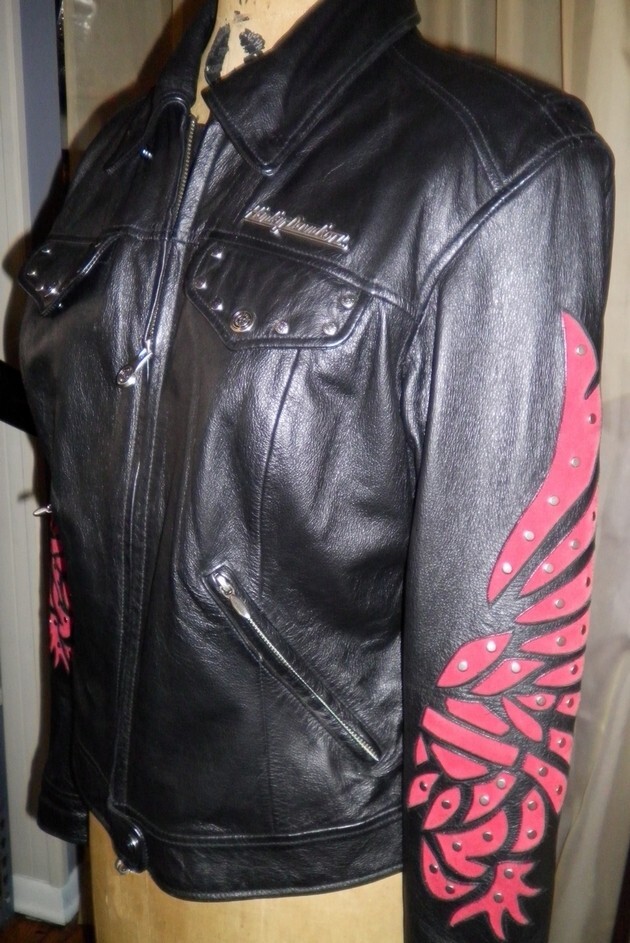 Harley Davidson LARGE Leather Jacket SANTA CRUZ Studded Red Flames