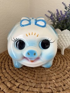 Large Ceramic Big Eyes Piggy Bank Kitsch Vintage MCM 