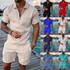 Men Summer Co-ord Set Zip Polo Shirt Shorts Tracksuit Beach Outfit Sweatsuit Set