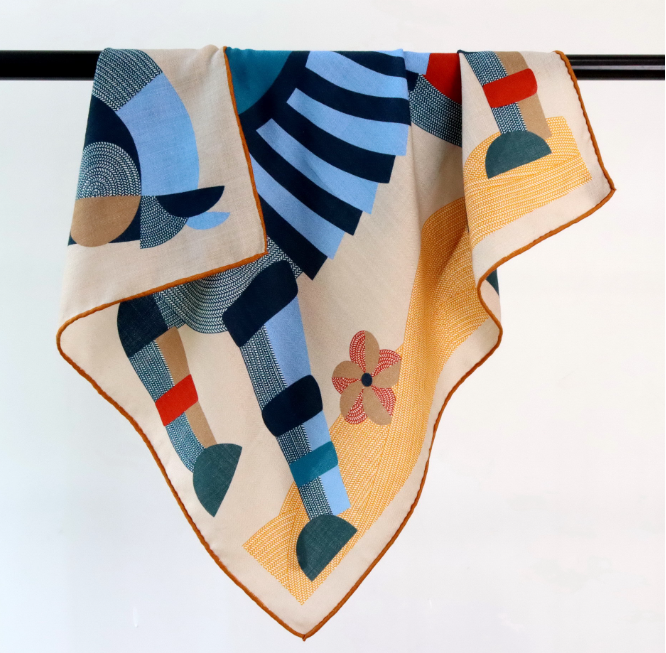 70% Cashmere 30% Silk Scarf 27'' Bandana Shawl Neckerchief Blue pony Print Wrap