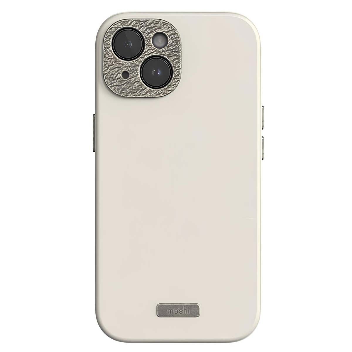 Coque Moshi iPhone 15 Plus cuir blanc pour éviter les rayures et l'usure de l'appareil
