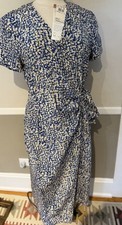 Vintage Adrianna Papell "Safe Silk" Blue Cream Patterned Wrap Dress WM 14 EUC