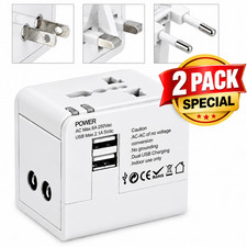 Universal Travel Adapter 2 USB Charger Worldwide EU UK US AU Plug 2 pack