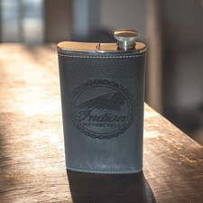 Indian Motorcycle Black Leather Stainless Steel 4oz Flask Build  In Cigar Case