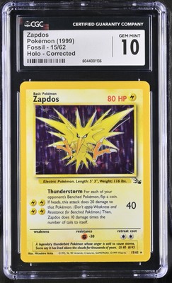 CGC 10 GEM MINT Zapdos 1999 Fossil 15/62 Holo Pokemon Card | eBay
