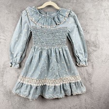 Polly Flinders Smocked Dress Girls 6 Blue Floral L/S Ruffle Collar Cottagecore