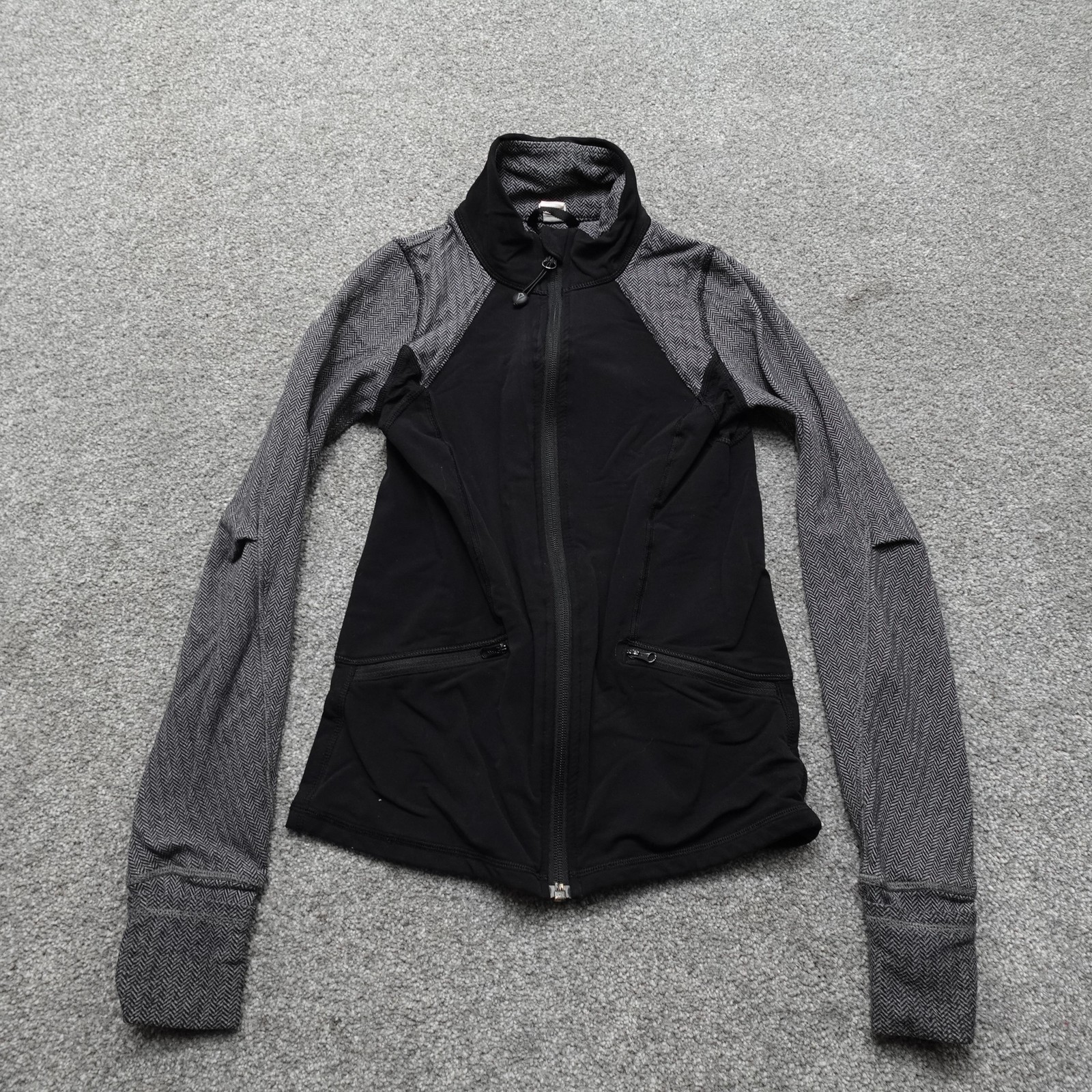 ivivva Jacket Girls 10 Black Gray Herringbone Full Zip Thumbholes Running