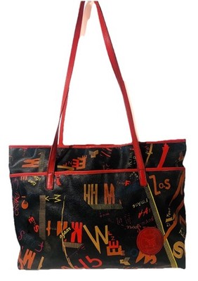 VTG Carlos Falchi Tote Bag Maxi Weekender Red Black Graffiti Print Coated Canvas