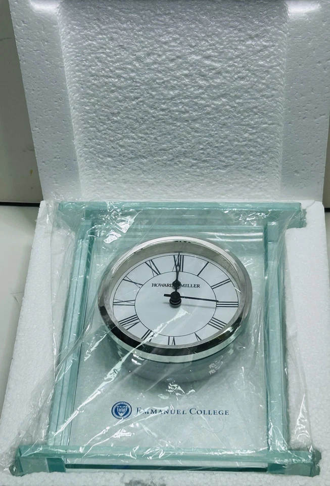 Howard Miller 645-643 Cooper Desk Alarm Glass Clock “Emmanuel College” NOB B4 - Image 2 of 4