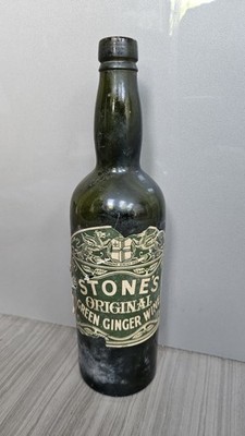 Rare Antique Stone's Ginger Wine Bottle - Dark Green Glass Original Label & Cork