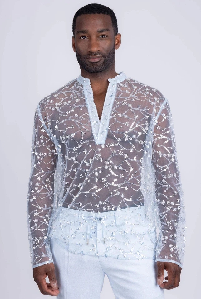 Barabas Men's Floral See Through Sequins Long Sleeve Shirts 5PST02 - Image 3 of 4