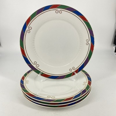 Set of 4 Pier 1 Celebration 10.5  Porcelain Dinner Plates Multicolor Rim NEW