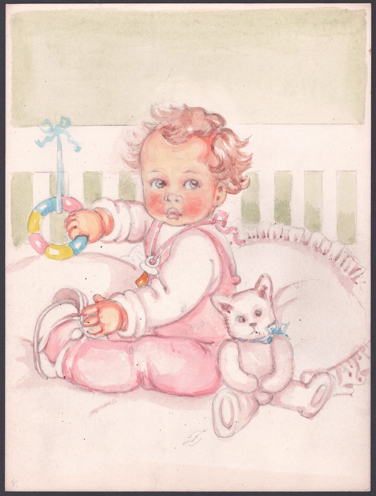 Chica Toca La Cama Niño Child Tilly Von Baumgarten Original Dibujo 1940