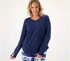 Cuddl Duds Fleecewear Stretch V-Neck Long-Sleeve Top-Navy-Small-NEW-A369300