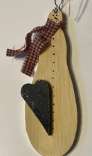 Christmas Ornament Primitive Style Wooden Snowman W/Blue Heart & Fabric Scarf