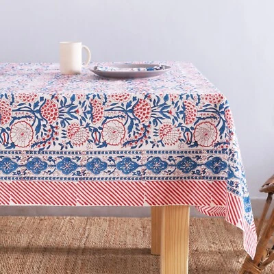Main Bloc Imprimé Table Tissu , Coton Nappe , Salle à Manger Décor Bleu Rouge - Photo 1/4