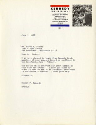 June 1968 Robert Kennedy California Primary Campaign Volunteer Thank You Letter