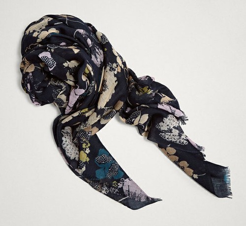 PURE WOOL Spanish Light Pashmina Large Long Scarf Navy Blue Shawl Floral Wraps - Picture 4 of 12