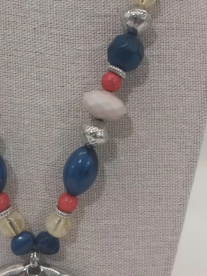 Chico's Black Leather Cord Beaded Necklace Blue Enamel natural stone pendant - Image 3 of 4