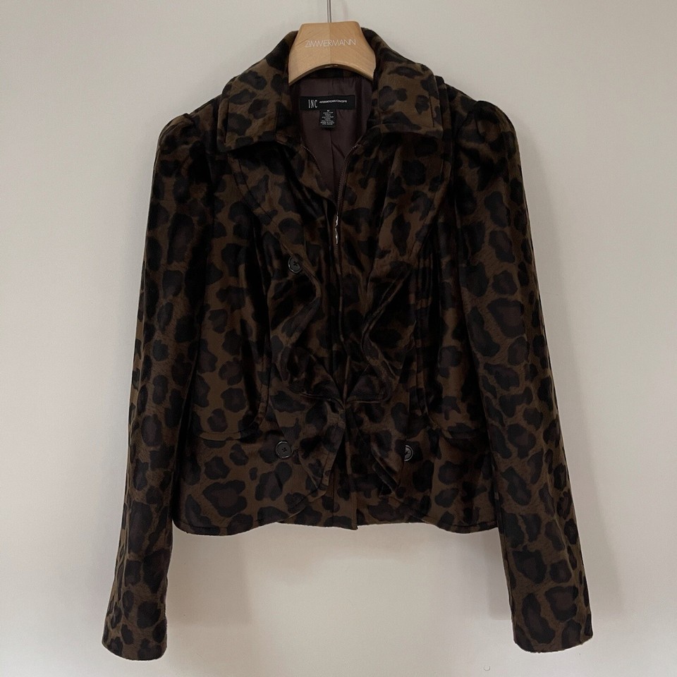 INC International Concepts Jacket, Size Medium, Faux Fur Animal Print Ruffles