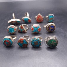 12 Pieces Vintage Nepali Tibetan Mix Stones And Brass Beautiful Rings
