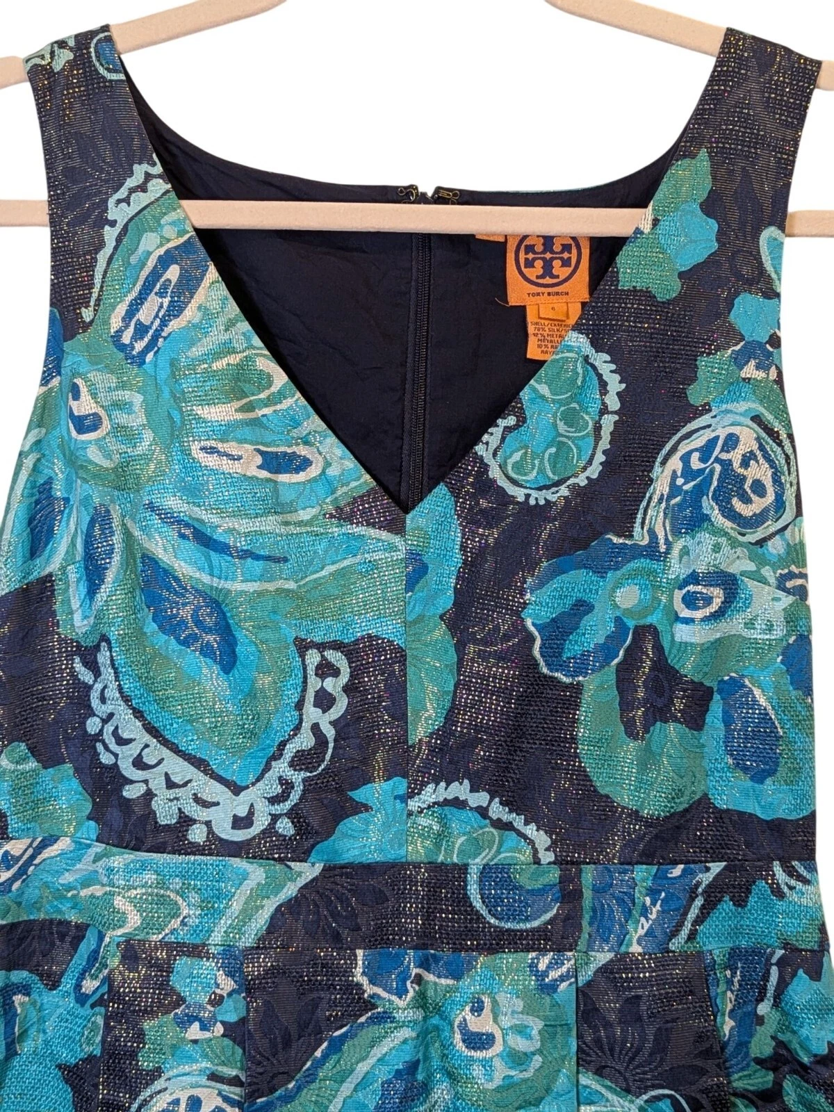 Abito donna Tory Burch taglia 6 seta senza maniche metallizzato plissettato foderato elegante