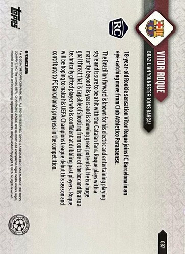 2023 Vitor Roque TOPPS NOW UCL Brazilian youngster joins Barca Rookie Card #87 - Picture 2 of 2