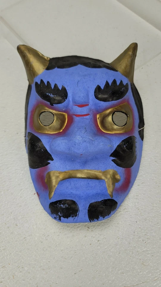 Vintage Blue Devil Japanese Geisha Woman Halloween Face Mask Paper Mache - Image 2 of 4