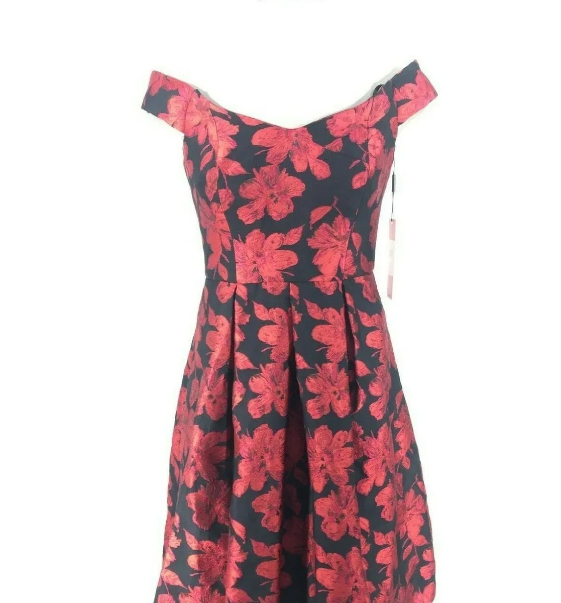 calvin klein black and red dress Calvin Klein Off Shoulder Red Black Floral Jacquard Fit & Flare Dress size 4