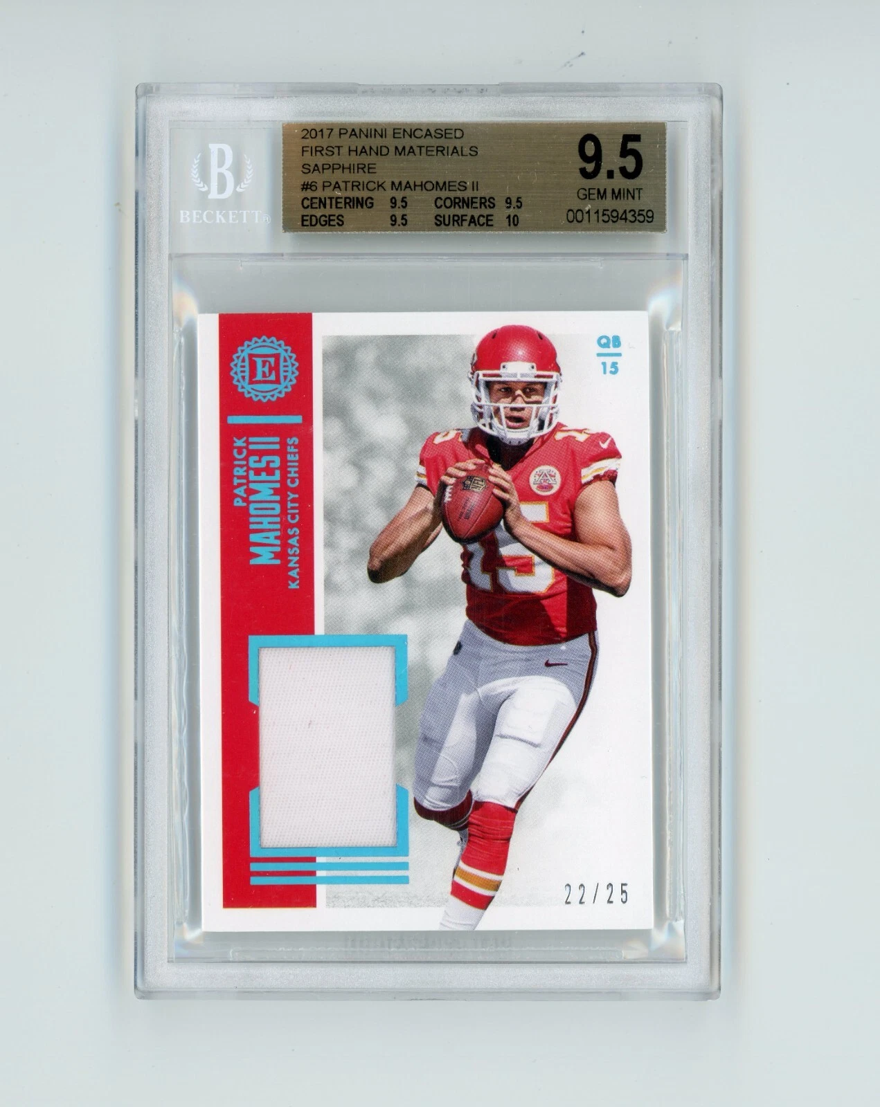 Patrick Mahomes Panini Encased First Hand Material #6 Sapphire