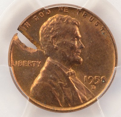 1958-D 1c Wheat Cent Major Defective Planchet PCGS MS65 Red/Brown