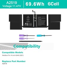 New A2519 Battery For Apple MacBook Pro 14" A2442 M1 2021 Year MKGR3LL/A 69.6Wh