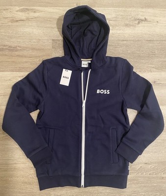 BOSS KIDSWEAR Boys' Hooded Fleece Zipped Hoodie Size: 12-XS Navy Blue NEW 