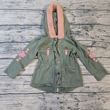 Little Lass Toddler Girl Army Green Faux Pink Fur Hooded Embroidered Jacket 4T