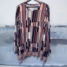 LOGO Lori Goldstein‎ Tunic Top Size L Colorblock Lace Trim Lagenlook Artsy Flowy