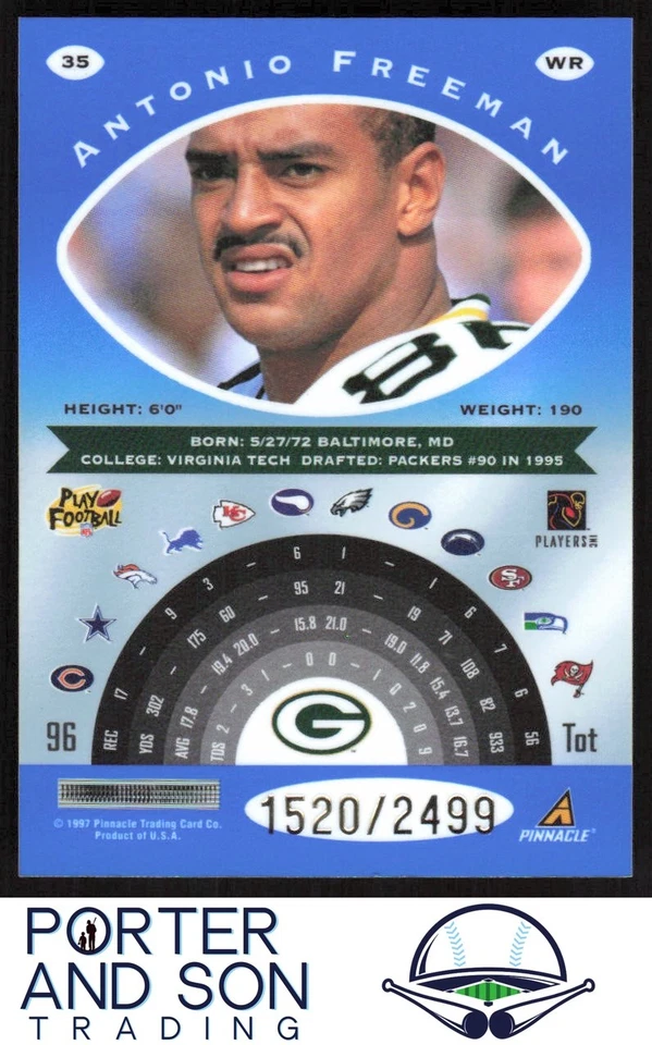 Antonio Freeman #/2499 Platinum Blue 1997 Pinnacle Totally Certified #35 Packers - Image 2 of 2