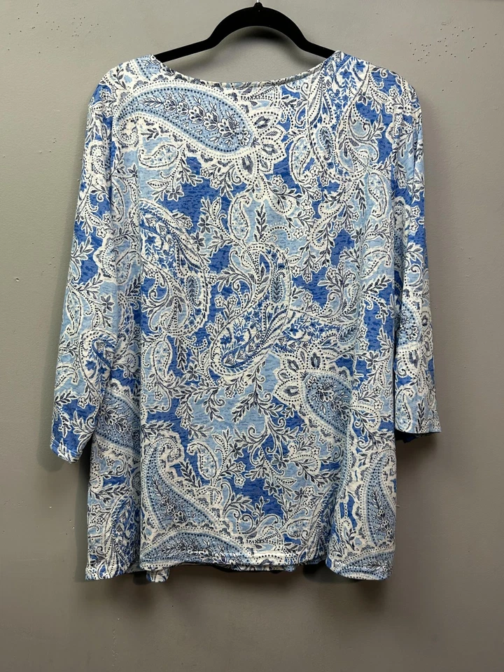 Camisa Erika Mujer 2X Azul Blanco Estampado Paisley Túnica Manga 3/4 Adornada Top Foto 2 de 4