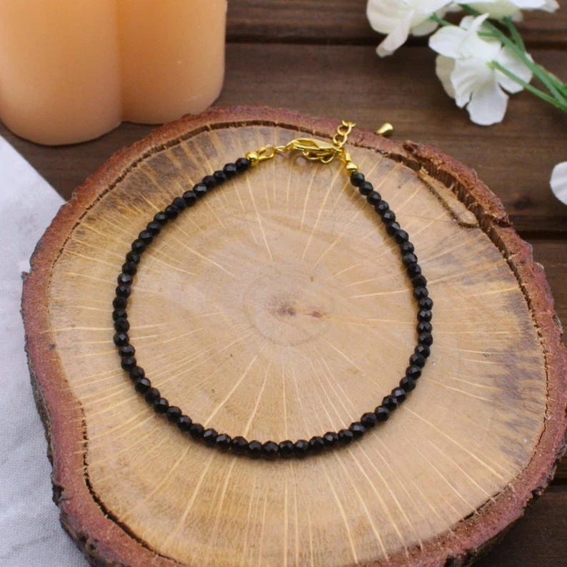 Dainty A++ Black Spinal Faceted Round Gemstone Tiny Beads Unisex Bracelets 6-8'' - Image 2 of 4