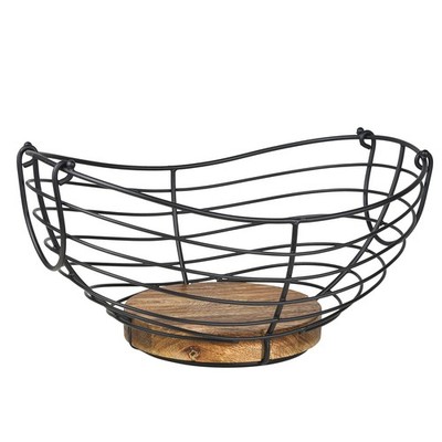 Modern Farmhouse Fruit Basket for Kitchen Counter, Vintage Wire and Wooden Base