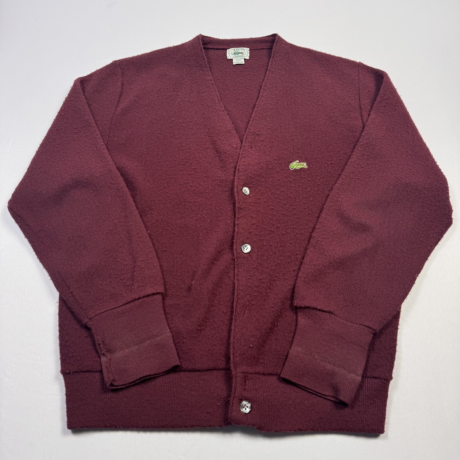 Izod Lacoste Cardigan Mens Medium Red Acrylic V-Neck Button Logo Tight Knit