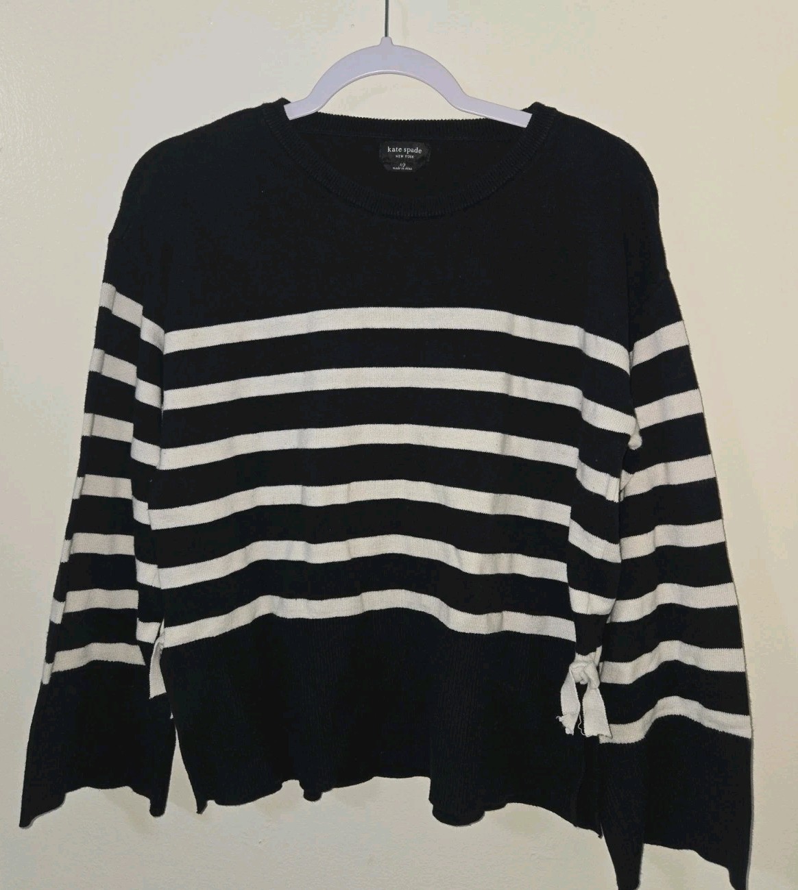 Kate Spade New York Striped Tie Sleeve Sweater Black White Small Petite