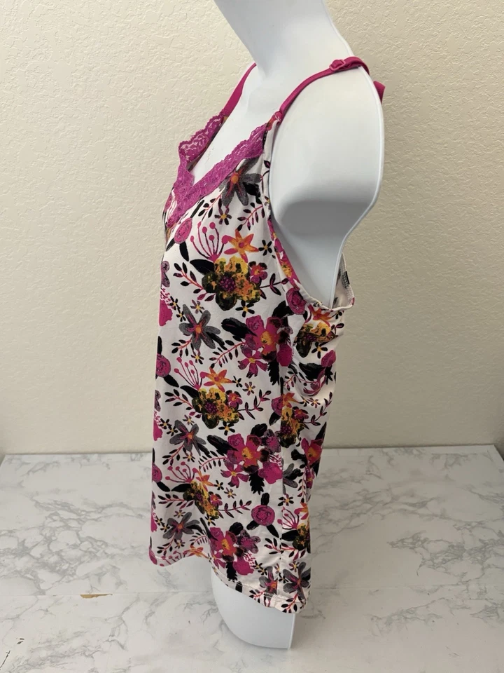 Pullover DAISY FUENTES Mujer Seda Top Encaje Talla L Floral Rosa Ajustable P Foto 2 de 4