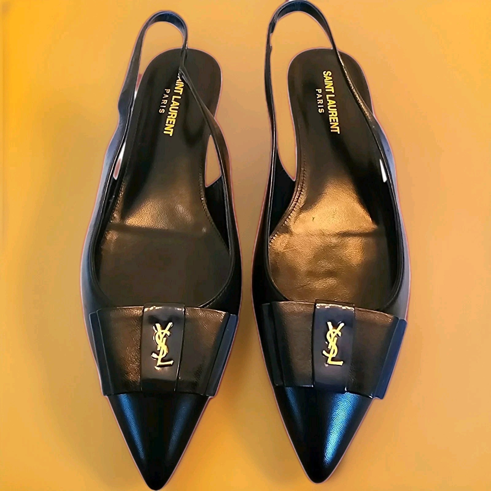 Saint Laurent Ballerine Slingback Anais Nero Fiocco Oro Cassendre EU 38.5 US8.5 YSL