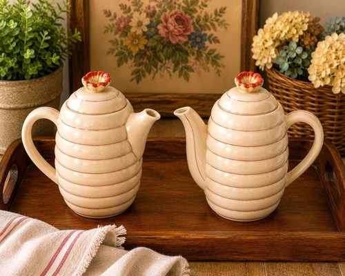 Vintage Moriyama Japan Beehive Coffee Pot & Tea Pot Set Floral Lids
