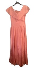 Vintage 50s Coral Satin Taffeta Pleated Scallop Ribbon Trim Evening Dress 6