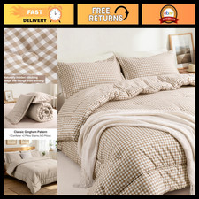 Cozy Queen Comforter Set, Fluffy Tan Gingham Plaid Bedding, 3-Piece Bed Set