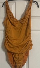 Jantzen Women's 12 One Piece Swimsuit Mustard Yellow Ruching Ruffled Neckline