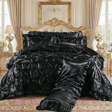Luxury Black Satin Comforter Set with Ruffled Pillow Cover - Queen Size