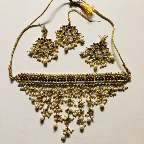 NUEVO COLLAR/TIKKA+juego de pendientes india 4 piezas cuentas doradas kundan-BOLLYWOOD-EE. UU. - Imagen 3 de 11
